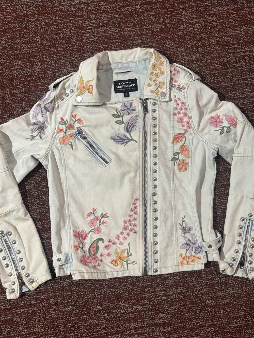 Montanaco floral embroidered denim moto jacket studded feminine biker jacket S
